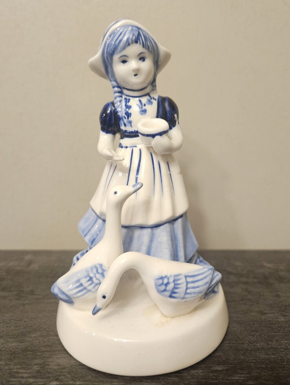 Vintage Delft Blue Dutch Girl with Geese Figurine Hand Painted